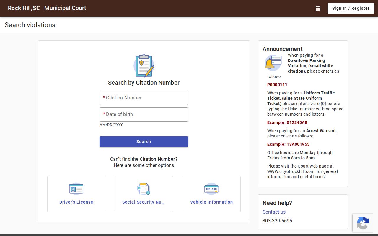 Rock Hill residents directory Municipal Court search screen