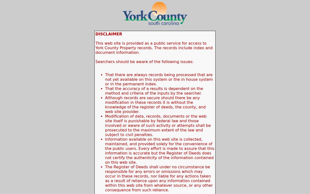 Rock Hill street directory York County deed index entry screen